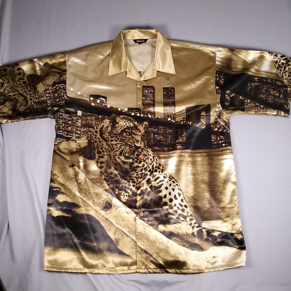 Bignd Shirt Mens XL Gold Button Up Leopard NYC Twin Towers Skyline Graphic VTG